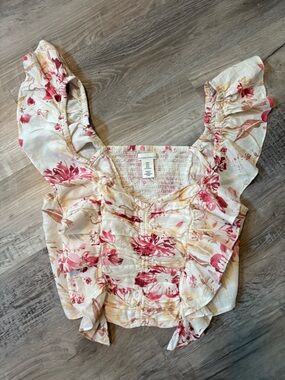 H&M Crop Floral Ruffle Smocked Women's Top Pink/Cream Linen Blend Size M